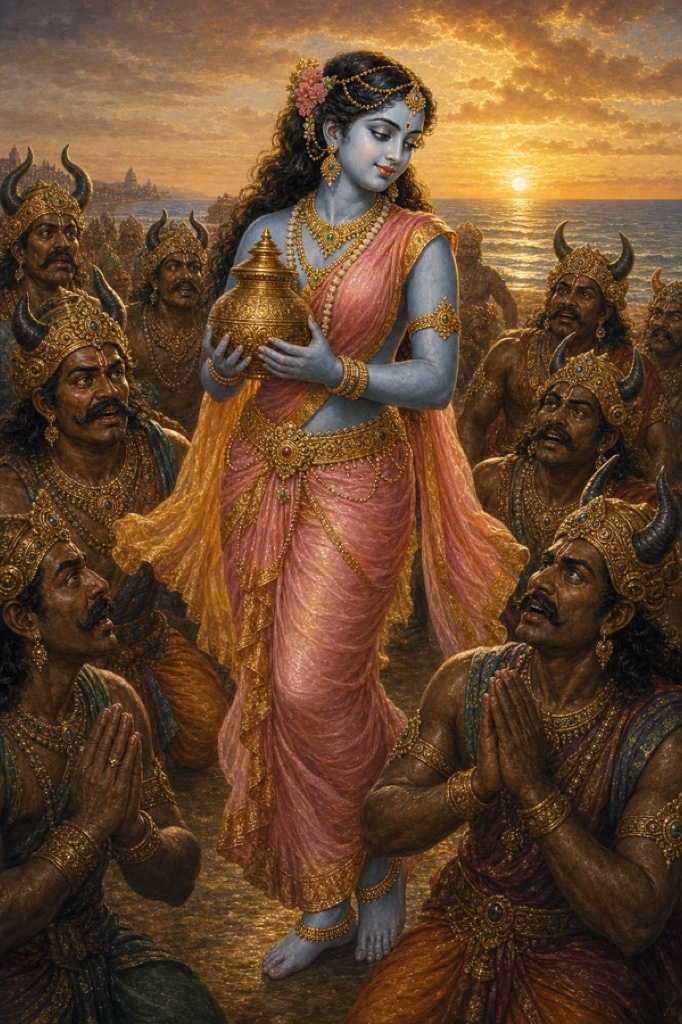Painterly classical-Indian color scene of Mohini, the blue-complexioned enchantress, standing gracefully amid a crowd of mesmerized asuras who gaze at her spellbound, the amrita-kalasha in her hand; she speaks with a honeyed smile offering to divide the nectar; the asuras lean forward entranced, their earlier quarrel forgotten, warm twilight palette, ornate jewelry, lotus motifs.