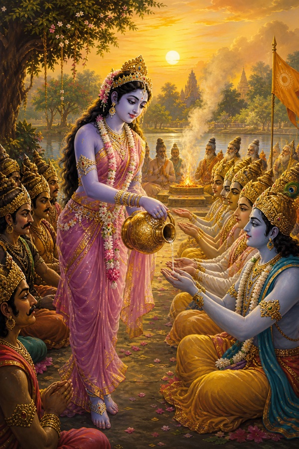 Painterly classical-Indian color illustration after the day's fast and bath: devas seated in one row and daityas seated in a separate row, all facing east, hands folded; Mohini the blue-lotus-hued woman walks first toward the devas' line pouring nectar drop by drop from the golden kalasha into a god's hands, the asuras waiting and watching; ritual fire-altar smoke and brahmins faint behind, golden morning light, serene jewel tones.