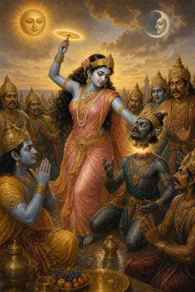 Dramatic classical-Indian color illustration of the moment Mohini hurls her spinning sharp-edged Sudarshana chakra and beheads the disguised asura Rahu, whose head separates from his body as he sits in the devas' row between the radiant Surya and Chandra who have just exposed him; a single nectar drop at his throat, blood and golden light, the other gods recoiling, intense jewel-tone palette.