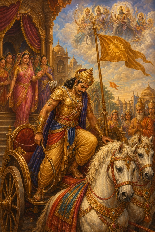 Classical Indian color illustration, Satya-yuga: the Surya-vamshi Ikshvaku king Muchukunda, crowned and armored, bowing his head then mounting his war-chariot, leaving behind his palace, queens and throne in the background; he rides off to fight on the side of Indra and the devas against the asuras, divine banners overhead, warm jewel-toned palette.