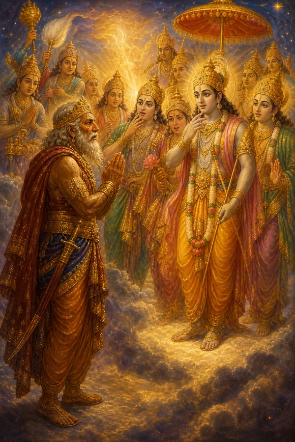 Color illustration: the weary aged warrior-king Muchukunda standing before a circle of radiant celestial devas with folded hands, eyes heavy with exhaustion, asking for one boon only; the gods listen astonished as he requests deep uninterrupted sleep, rich celestial light, no Krishna present in this scene.