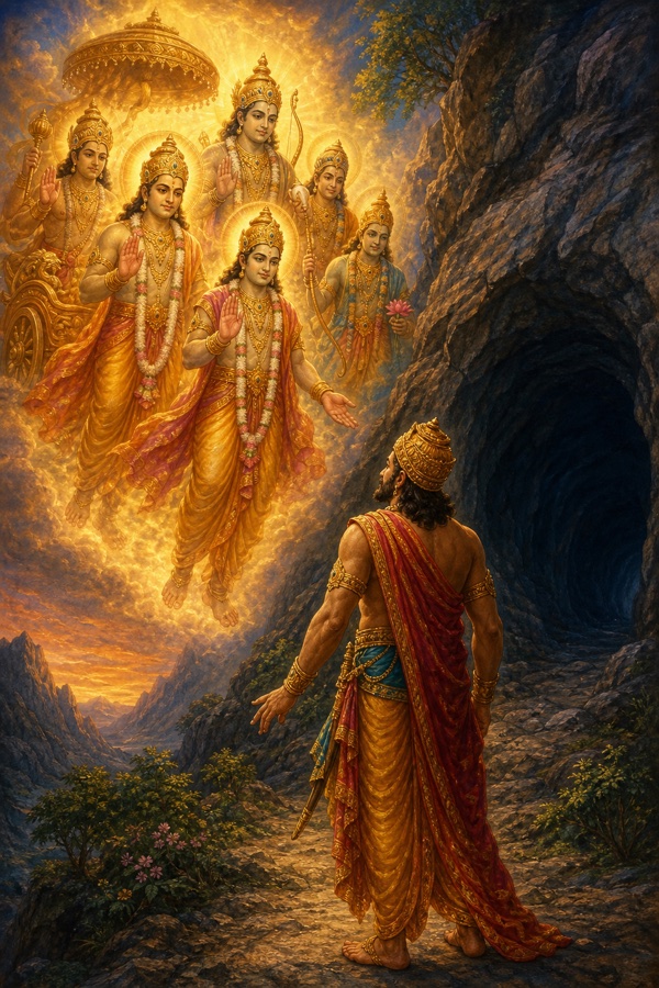 Color illustration: the luminous devas raising hands in blessing as they grant Muchukunda the boon of long sleep, warning him that whoever wakes him will be burned to ashes by his very gaze; the king turning toward a lone dark mountain cave, golden divine glow contrasting the cool shadowed cave mouth.