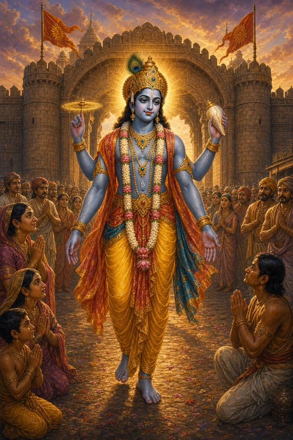 Color illustration, Dwapara end at Mathura: four-armed dark-blue Krishna walking out the city's main gate on foot, unarmed, body radiant like a moonrise, wearing silk yellow pitambara, Shrivatsa mark on chest, glowing Kaustubha gem at throat, makara-shaped earrings, lotus-soft reddened eyes; Mathura's gate and ramparts behind.