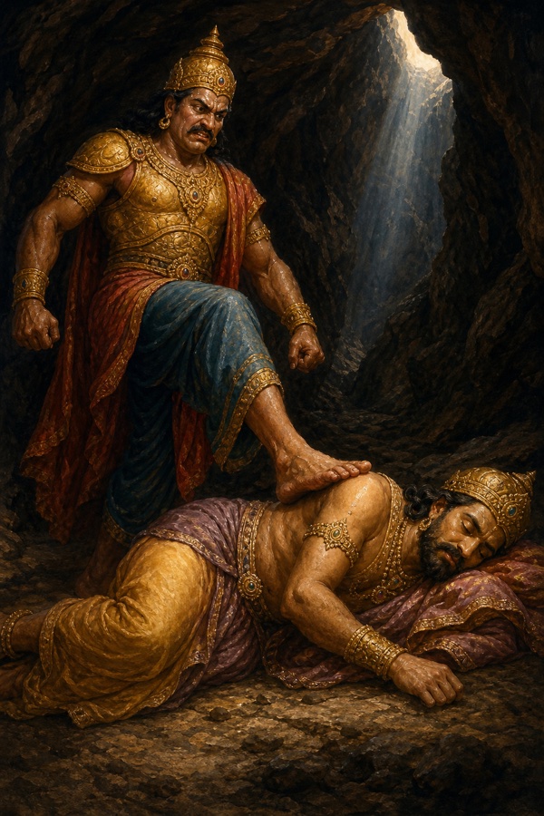 Color illustration inside a pitch-dark mountain cave: the fierce yavana king Kalayavana, sweating and panting in armor, scowling in fury, kicking the body of the sleeping king Muchukunda who lies in deep slumber; shadowy cave interior, single shaft of dim light, tense moment before disaster.