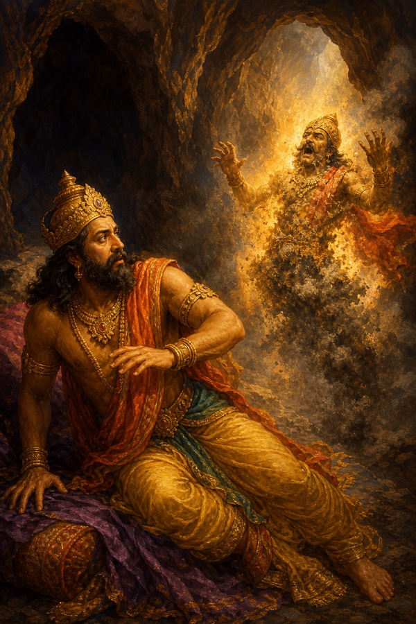 Color illustration: Muchukunda half-risen with eyes just opening, his gaze falling on Kalayavana, whose own body bursts into inner fire and crumbles to a heap of ash in an instant, mouth open mid-scream, acrid smoke filling the dark cave; no external weapon, fire erupts from within the yavana.