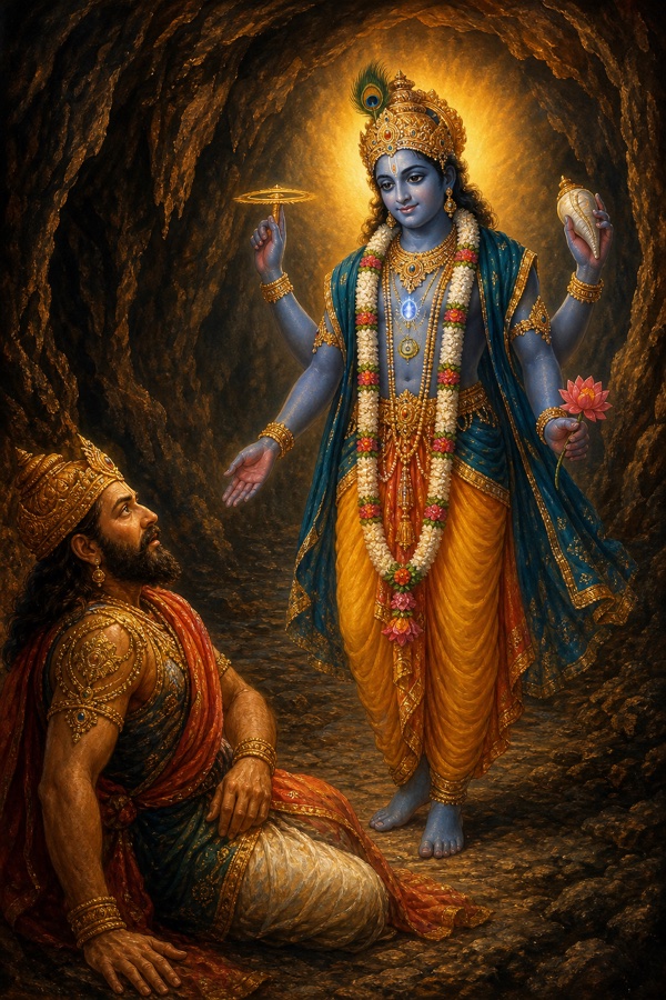 Color illustration: in a cave corner a youthful Krishna stands, dark like a monsoon cloud, Shrivatsa on chest and glowing Kaustubha gem at throat, four arms, a Vaijayanti garland swaying to his knees, lotus face smiling with loving eyes; his bodily radiance melting the cave's darkness like a lamp; awestruck Muchukunda gazing at him.