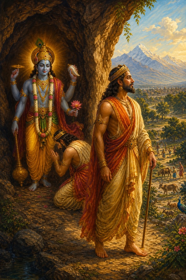 Color illustration: Muchukunda reverently circumambulating and bowing to four-armed Krishna inside the cave, then stepping out of the cave mouth into sunlight for the first time in ages; outside the trees, animals and people appear small (Kali-yuga begun); the serene king turns north toward the Gandhamadana mountains, calm and peaceful.