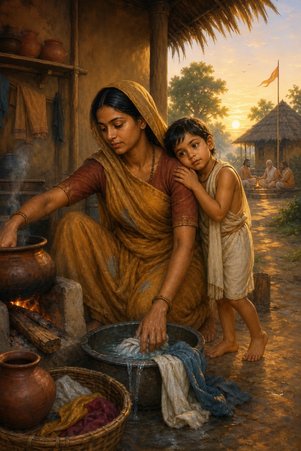 A poor servant-woman in a humble Vedic Brahmin household cooks at a clay hearth and washes clothes, her small five-year-old son (Narada's past life) clinging beside her in a simple hut; warm earthen village dawn, classical Indian painterly style with rich color, no halo on the boy.