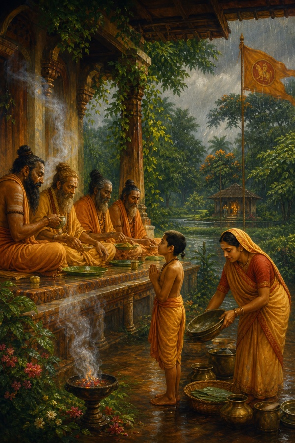 During the four-month rainy-season retreat, holy sadhus seated on the verandah finish their meal while the servant-boy gazes reverently; his mother clears the leftover vessels, sacred yajna incense-smoke drifting through the courtyard; lush monsoon greens, devotional warm palette, traditional Indian miniature style.