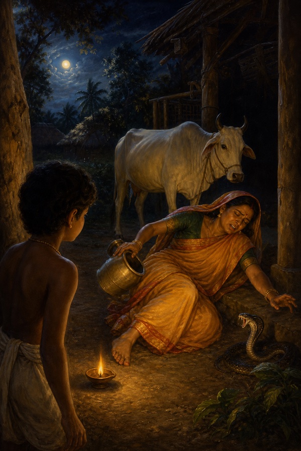 A dark village night: the boy's mother steps outside with a pot to milk the cow and a serpent strikes her foot; she collapses on the bare earth as a single oil-lamp glows, the cow and boy nearby; somber moonlit blue-grey tones, classical Indian painterly style, restrained and tender.