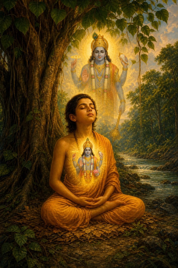 The lone boy sits in meditation beneath a great peepal tree in a deserted forest beside a river, eyes closed in deep bhakti, a luminous vision of four-armed Vishnu (Narayana) gently manifesting glowing within his heart; golden devotional light, rich forest greens, classical Indian sacred-art style.