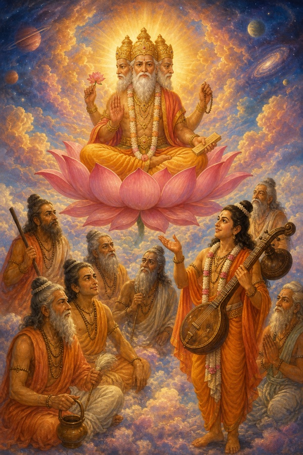At the dawn of a new cosmic creation, four-faced Brahma awakens on his lotus and from him emerge the mind-born sages Marichi and others, among them the newly born Narada with veena and saffron robes; cosmic radiant cloudscape, vibrant celestial color, classical Indian painterly style.