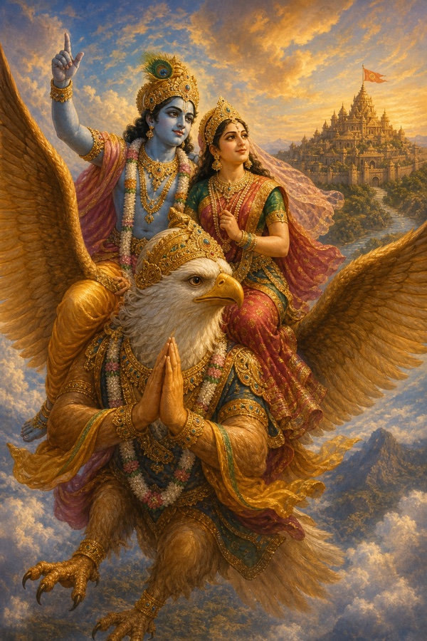 A rich painterly classical-Indian color illustration: blue-skinned Krishna with his consort queen Satyabhama riding together on the great eagle Garuda, soaring through the sky toward the distant fortress-city of Pragjyotishapura, mountains and clouds below, golden ornaments and flowing garments.