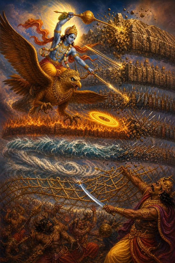 A rich painterly classical-Indian color illustration: Krishna astride Garuda smashing the seven layered defences of Pragjyotishapura, his mace shattering ringed mountains, his arrows splitting weapon-ramparts, his spinning discus tearing apart walls of fire, water and wind, his sword slicing through Mura's net of noose-ropes, demon guards scattering.