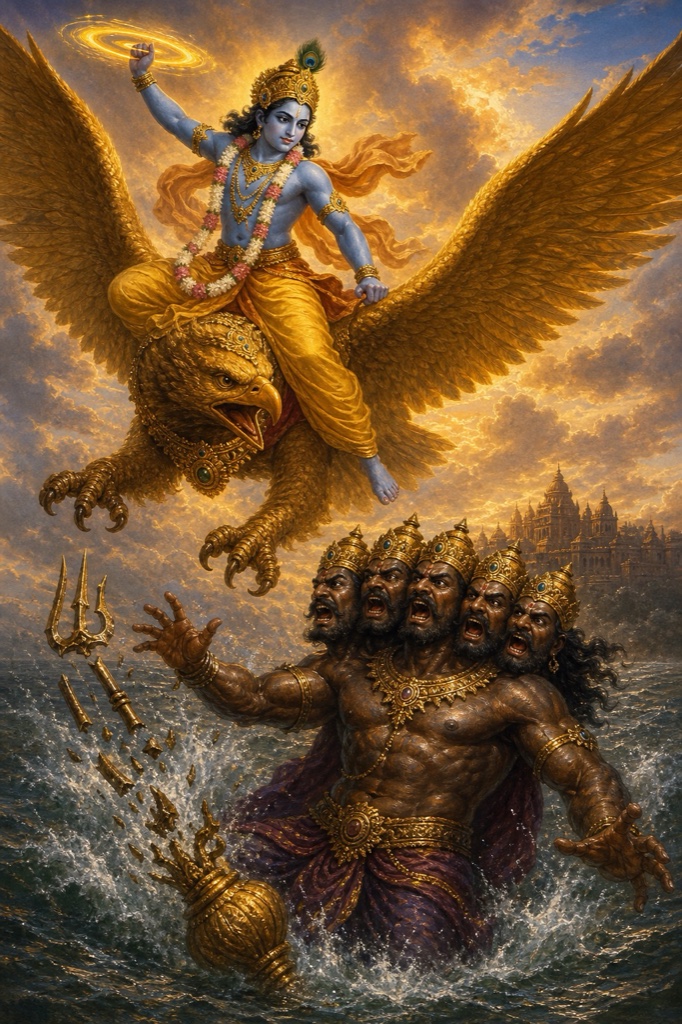 A rich painterly classical-Indian color illustration: Krishna on Garuda effortlessly beheading the five-headed demon Mura with his radiant spinning Sudarshana chakra; all five severed heads of the towering blazing demon fall as his body topples into the surrounding water, his broken trident and shattered mace nearby.