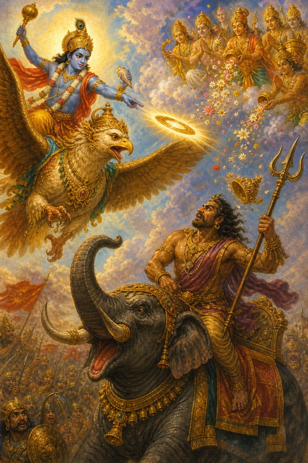 A rich painterly classical-Indian color illustration: Krishna on Garuda hurling his razor-sharp Sudarshana chakra to behead Bhaumasura (Narakasura) who sits atop a war-elephant gripping a raised trident; the demon's crowned head with jewelled earrings flies off toward the earth, gods showering flowers from above.