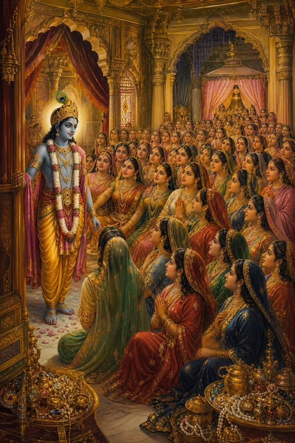 A rich painterly classical-Indian color illustration: blue-skinned Krishna entering the inner chamber of Bhaumasura's opulent palace where a great multitude of captive princesses (sixteen thousand one hundred) rise gazing at him with wonder and longing, having inwardly chosen him as their lord, jewelled hall with treasures.