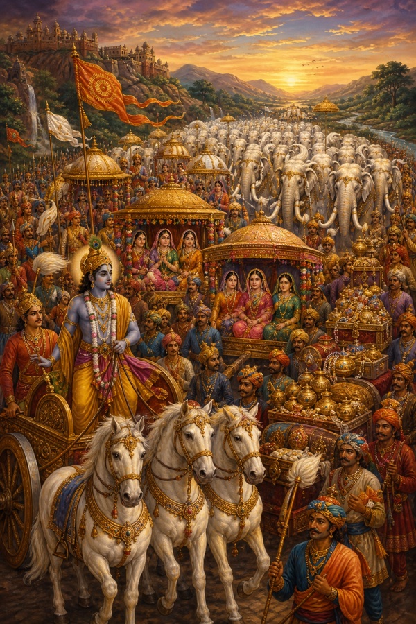 A rich painterly classical-Indian color illustration: a grand procession leaving Pragjyotishapura for Dwarka, the freed princesses adorned in fresh fine garments and ornaments seated in palanquins, accompanied by chariots, horses, heaps of treasure and a herd of sixty-four four-tusked white elephants of Airavata's line, Krishna overseeing.