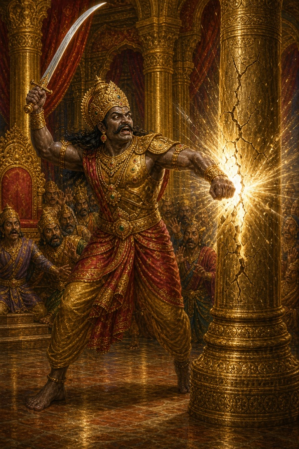 Rich painterly classical-Indian color illustration: the enraged demon-king Hiranyakashipu, golden-crowned in jewelled royal armour, has leapt down from his throne with sword drawn in one hand and smashes his bare fist against a tall ornate palace pillar; the column cracks and a blinding burst of light erupts from the fissure, the gilded assembly hall around him in deep reds and golds.