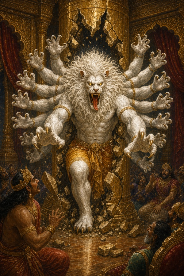 Rich painterly classical-Indian color illustration: the towering Narasimha emerging from the shattered pillar, half-lion and half-man, with terrifying molten-gold blazing eyes, a flowing mane, fierce fangs, lolling sword-sharp tongue and gaping cave-like mouth, broad chest and slim waist, moon-white fur shimmering over a sky-touching body and hundreds of outstretched arms tipped with great claws, against the broken golden hall.