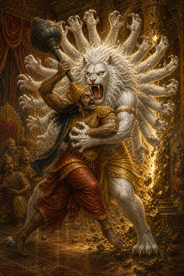 Rich painterly classical-Indian color illustration: the demon Hiranyakashipu charging with his great iron mace swung high to strike, while the immense lion-headed Narasimha seizes him, mace and all, in his clawed grip exactly as Garuda the eagle clutches a writhing serpent; dynamic motion, the palace hall in fiery golds and reds behind them.