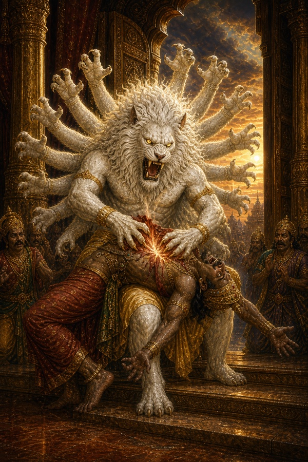 Rich painterly classical-Indian color illustration: at the palace doorway, on the very threshold, Narasimha sits with the demon Hiranyakashipu laid across his lap and thighs, holding no weapon, his bare lion-claws sinking into and beginning to rip open the demon's chest; the demon's face contorted in terror, twilight light from the doorway, intense and reverent tone.