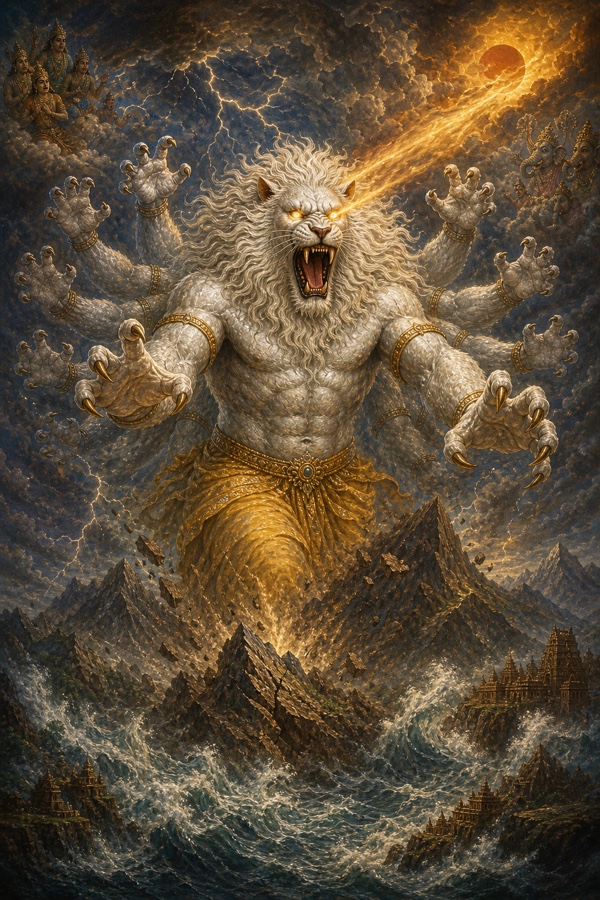 Rich painterly classical-Indian color illustration: a cosmic upheaval as Narasimha roars in fury, his mane scattering the clouds, flames from his eyes dimming the sun and planets, his breath churning the oceans into stormy waves, the great elephants of the directions trumpeting in fear, mountains flung into the sky and the earth quaking; vast turbulent skies, blazing radiance.