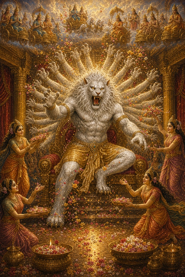 Rich painterly classical-Indian color illustration: radiant celestial women (the goddesses of heaven) with joyful glowing faces showering blossoms again and again upon Narasimha, who sits fierce and luminous on the high royal throne; a sky crowded with celestial chariots above, gods keeping their distance with folded hands, an atmosphere of jubilant flower-rain and golden light.