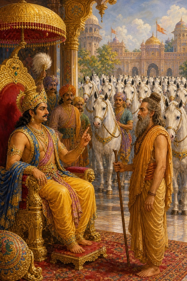 Classical Indian color illustration: King Gadhi of the lunar dynasty seated on a throne facing the sage Richika who has come to ask for his daughter Satyavati in marriage; Gadhi gestures as he sets the bride-price, while attendants lead in a herd of one thousand pure-white horses each with a single black ear; rich palace courtyard, jewel tones, gold leaf, traditional miniature style.
