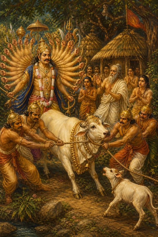 Classical Indian color illustration: the thousand-armed Haihaya king Kartavirya Arjuna at sage Jamadagni's forest hermitage, his many arms fanned out, his soldiers forcibly seizing and roping the wish-fulfilling cow Kamadhenu to drag her away while her bewildered calf is left behind lowing; humble ashram huts, distressed disciples, painterly miniature style, warm earthy palette.