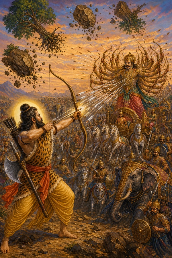 Classical Indian color illustration: the lone brahmin warrior Parashurama, axe (parashu) in hand, single-handedly battling the thousand-armed Kartavirya Arjuna and his vast army of seventeen akshauhinis (elephants, horses, chariots, foot soldiers); Kartavirya draws arrows on five hundred bows at once while Parashurama cuts them all with arrows from his single bow and slices hurled trees and boulders mid-air; dynamic battlefield, dramatic miniature style.