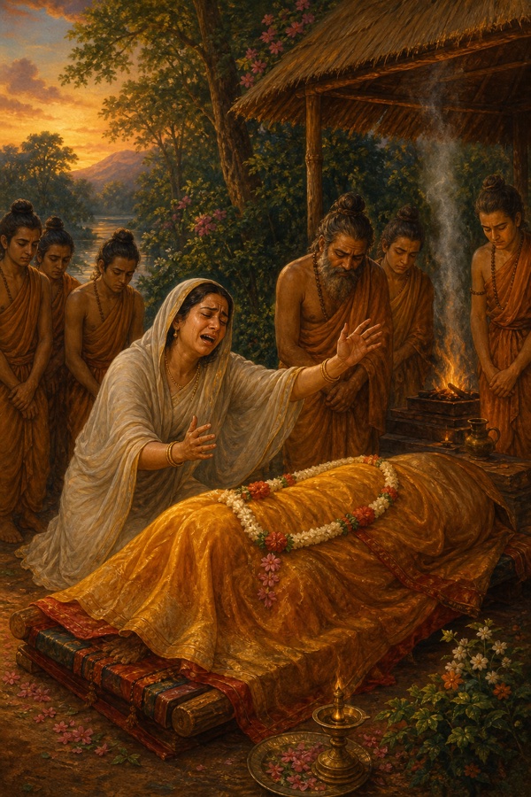 Classical Indian color illustration: the grieving Renuka rushing to and clinging to the headless body of her slain husband, the sage Jamadagni, beating her breast and head in sorrow and crying out again and again, at the forest hermitage by the fire-shed; somber muted tones with emotive expression, traditional miniature painting style.