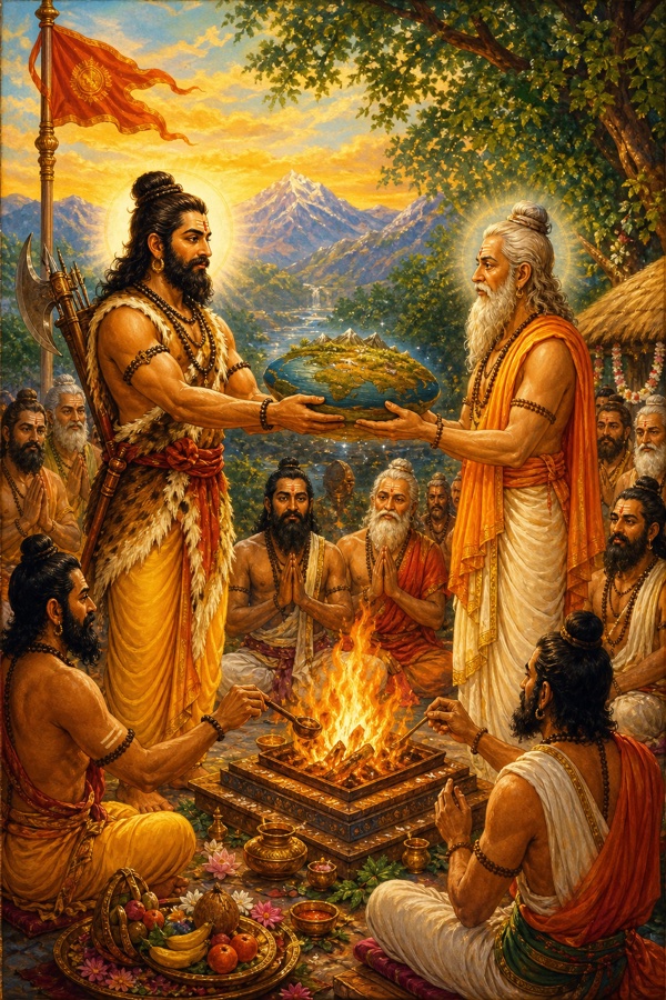 Classical Indian color illustration: Parashurama, his vow fulfilled, performing a great sacrificial yajna with sacred fire and priests, and gifting the entire earth he had conquered to the sage Kashyapa, who receives it with raised hands; Parashurama offers the earth as lightly as if handing over a fruit; serene radiant palette, ornate miniature style.
