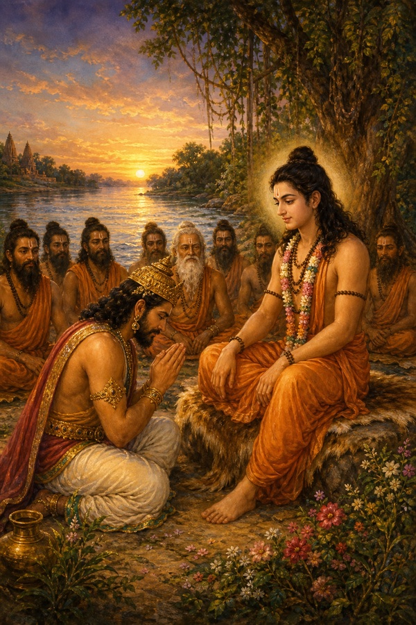 Rich painterly classical-Indian color illustration on a Ganga riverbank: the young royal sage Parikshit, regal but ascetic in simple robes, bows his head, slides nearer on his seat to the feet of the youthful renunciant Shukadeva, and presses his palms together in reverent anjali; behind them the flowing river and a circle of seated ascetics in the soft light of evening.