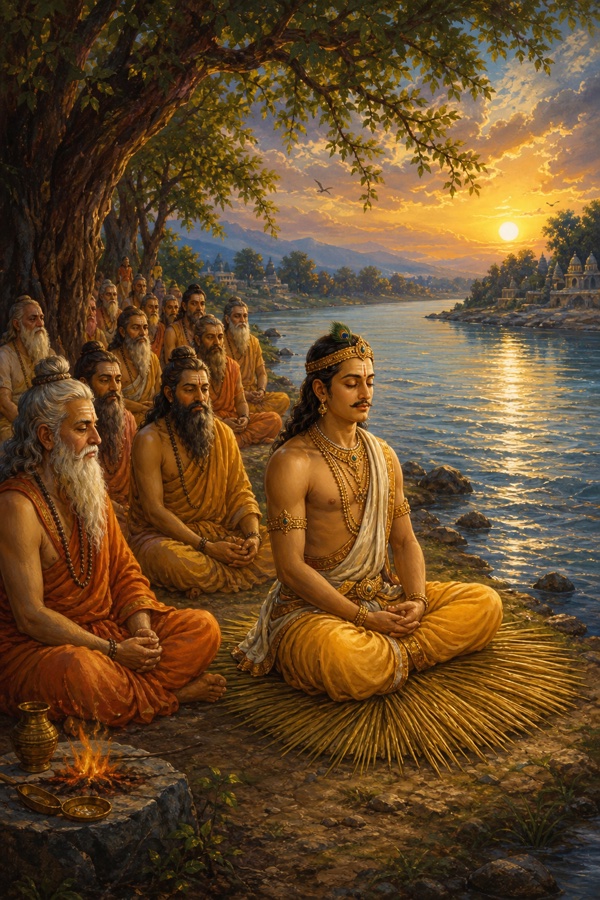 Painterly classical-Indian color scene on the Ganga bank: Parikshit seated motionless on a spread of kusha grass whose tips point east, himself facing north, eyes closed in deep meditation, breath stilled so he resembles a dry tree-stump; an inner radiance glows faintly within him though unseen outside; the row of rishis sits silent, the river flowing steadily beside him.