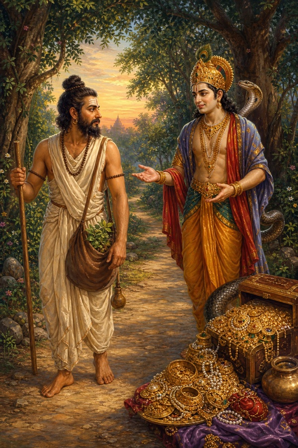 Painterly classical-Indian color illustration on a forest road: the serpent-king Takshaka, in human-like form, meeting the brahmin Kashyapa, a learned physician skilled in curing snake-venom carrying his herb pouch and walking the same way hoping for reward; Takshaka offers him a heap of wealth and sweet persuading words, turning the brahmin back on his path.