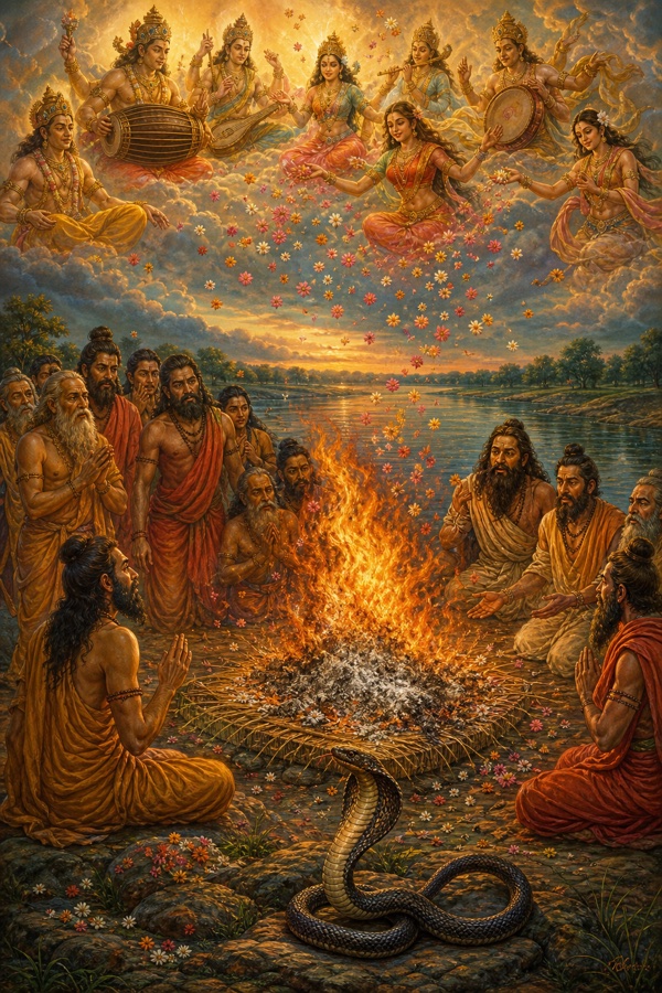 Painterly classical-Indian color scene on the riverbank: Takshaka the great cobra having bitten the meditating king, the venom-fire instantly spreading so Parikshit's body blazes and is reduced to a handful of ash upon the kusha seat as onlookers watch; above, gods sound celestial drums and gandharvas and apsaras sing while flowers rain down from the sky.
