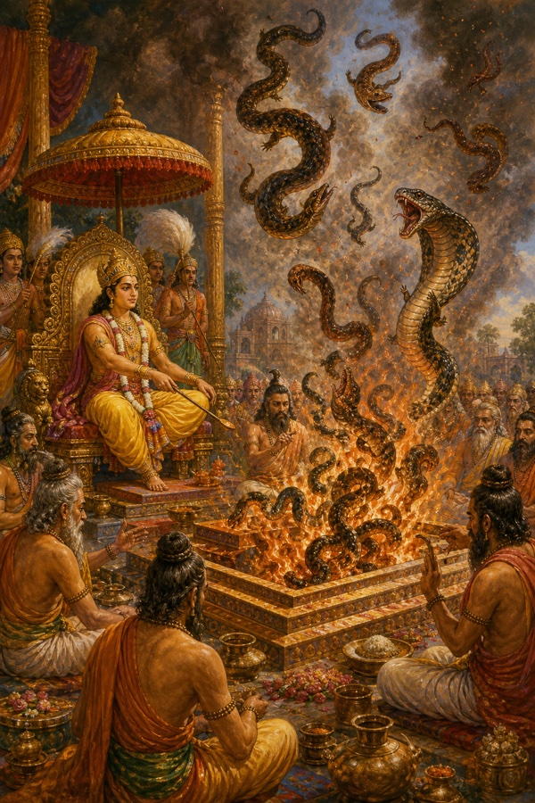 Painterly classical-Indian color illustration of the snake-sacrifice: the youthful king Janamejaya presiding over a blazing fire-pit while brahmins chant mantras around it; by the power of the mantras great mighty serpents are dragged through the air against their will, falling into the flaming altar and burning to ash, smoke and sparks rising into the sky.
