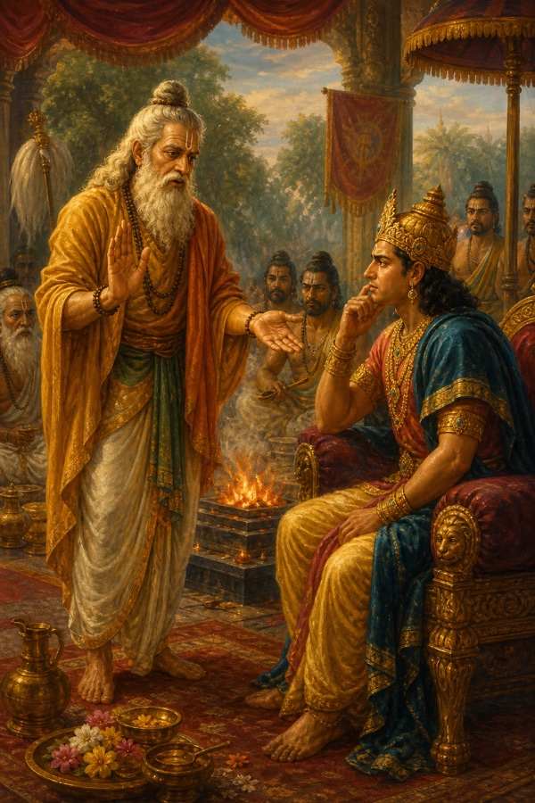 Painterly classical-Indian color scene at the sacrificial hall: the sage Brihaspati, preceptor of the gods, standing before King Janamejaya beside the fire-altar, raising a calming hand and counseling him to stop the rite, explaining that Takshaka is deathless and that every being reaps only its own karma; the troubled young king listens, the sacrificial flames burning low behind them.