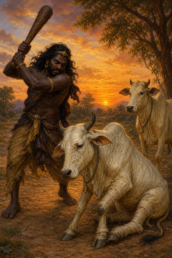 Rich painterly classical-Indian color scene on a dusty roadside: a sinister dark-skinned man in lowly garb (Kali) raising a thick wooden cudgel to beat a very old white bull standing trembling on a single leg with its other three legs broken and wounds across its body; beside the bull a gaunt, weeping cow with visible ribs; warm-toned sky, no other figures.