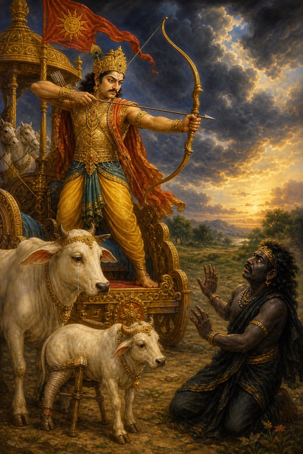 King Parikshit, a noble crowned warrior, standing in his halted chariot and drawing his strung bow with thunderous resolve, challenging the cowering dark man Kali who shrinks back; the maimed three-legged bull and the weeping cow nearby; classical-Indian color palette, regal ornaments, dramatic gathering clouds.