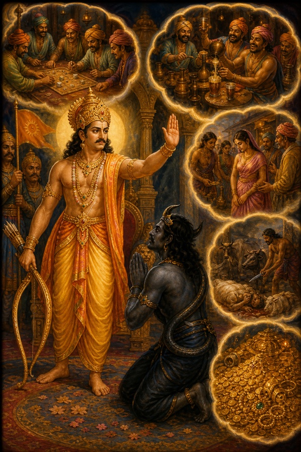 King Parikshit, bow lowered, decreeing with raised hand to the kneeling, folded-hands dark figure Kali the five dwelling places; symbolically suggest the five abodes in vignette panels around them: a gambling house, a liquor tavern, a place where women are sold, a slaughter-ground, and a heap of gold; rich classical-Indian color illustration, the king dignified and grave.