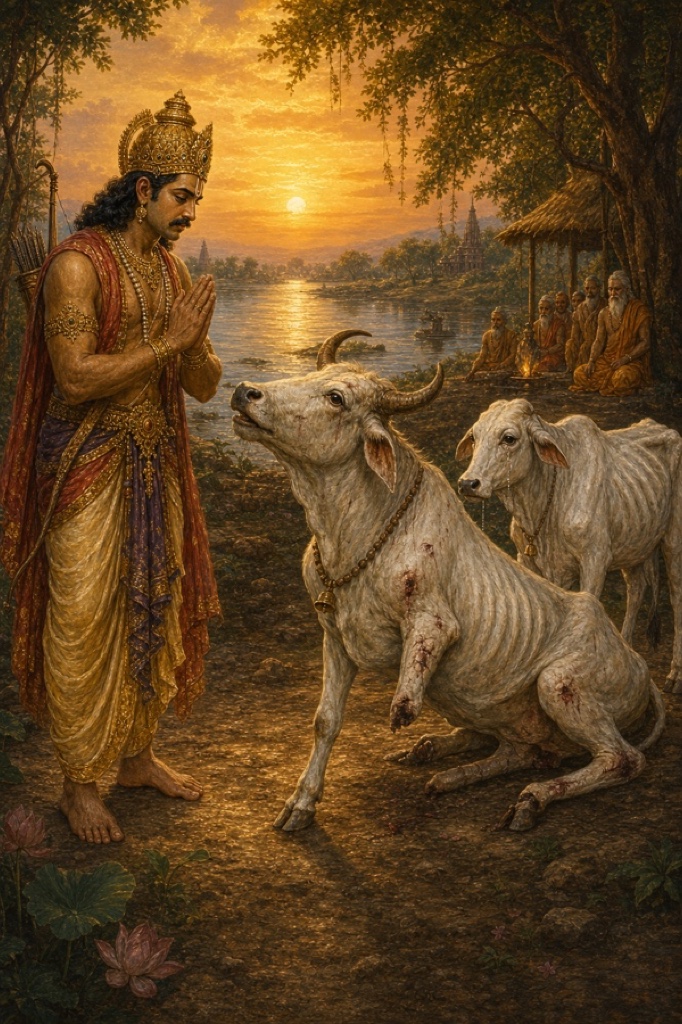 The old white bull revealed as Dharma, lifting its head with the gaze of a weary sage, speaking to the reverent King Parikshit; only one trembling leg stands while three lie broken, evoking the lost tap, shuddhi and daya with only satya remaining; the gaunt cow (the Earth) beside it; soft sacred light, classical-Indian color painting.