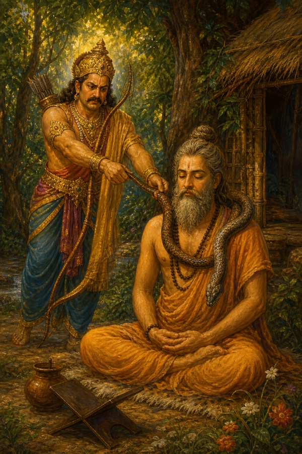 Inside a forest hermitage, a tired thirsty King Parikshit, his face darkened by sudden uncharacteristic anger (Kali stirring within), lifting a dead snake on the tip of his bow and silently draping it over the shoulder of the sage Shamika, who sits deep in silent meditation with eyes closed; muted hermitage greens and earth tones, classical-Indian color illustration.