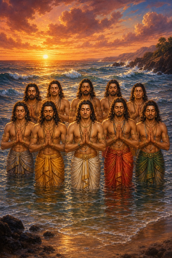 Ten princely brothers, the Pracetas, standing together waist-deep in a salt sea at a desolate shore, eyes closed in austerity, gaunt bodies, matted hair growing to their shoulders, evening light on rolling waves; rich classical Indian color illustration, no extra figures.