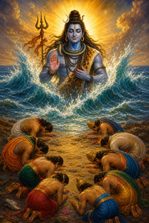 Lord Rudra appearing in a spreading radiance from the sea before the ten kneeling brothers who bow with foreheads to the ground, Rudra blue-throated with a crescent moon on his brow and compassionate eyes, singing a hymn amid the waves; luminous classical Indian color painting.