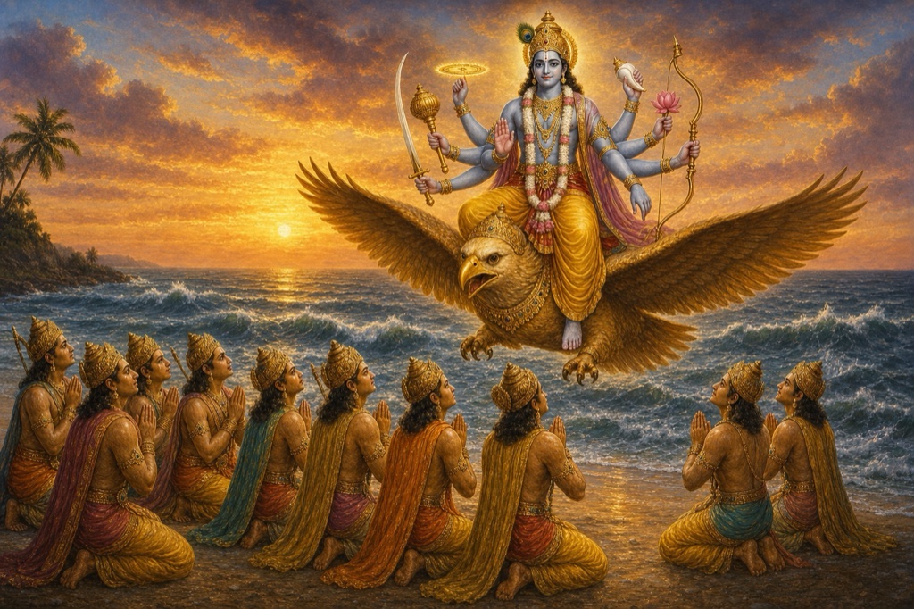 Shri Hari (Vishnu) appearing before the ten brothers, riding on the shoulders of Garuda, eight long arms each holding a weapon, a vanamala forest-garland swaying among the arms, gentle smile; the ten brothers gazing up with brimming eyes from the sea-shore; vivid classical Indian color illustration.