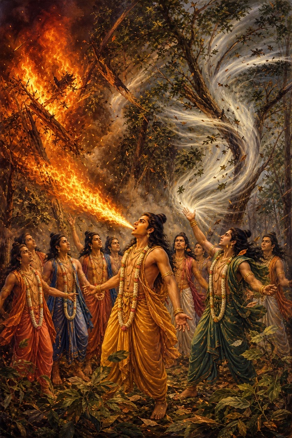 The ten Pracetas standing in a vast overgrown forest, one breathing out blazing fire from his mouth and another a fierce gale of wind, fire and wind together tearing into the towering dense trees, smoke and scorched leaves filling every direction; dramatic classical Indian color painting.
