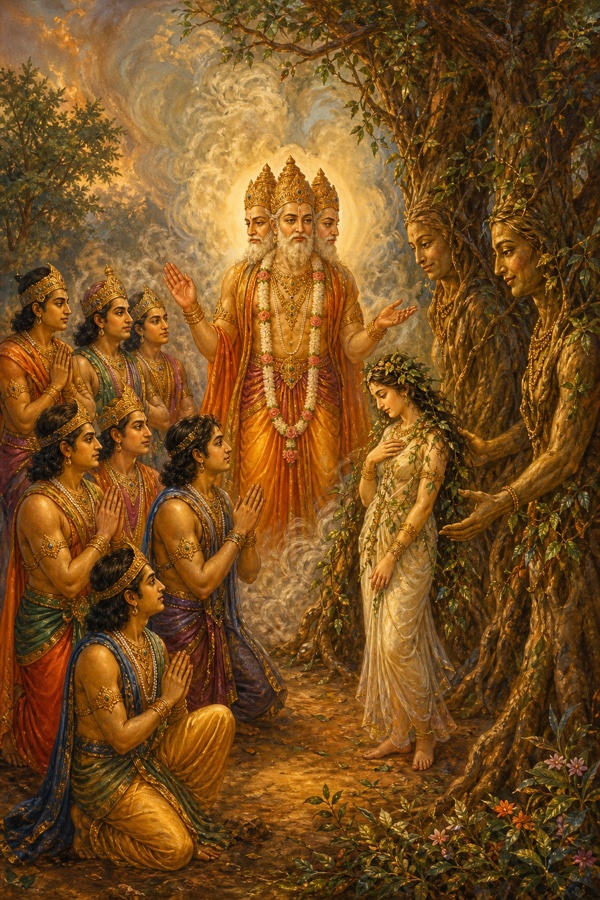Lord Brahma, four-faced and serene, standing amid clearing smoke before the ten brothers as the surviving trees timidly come forward presenting a tender maiden, Marisha, daughter of the trees, her body soft as a new shoot with leaves tangled in her hair; warm classical Indian color illustration, no extra figures.