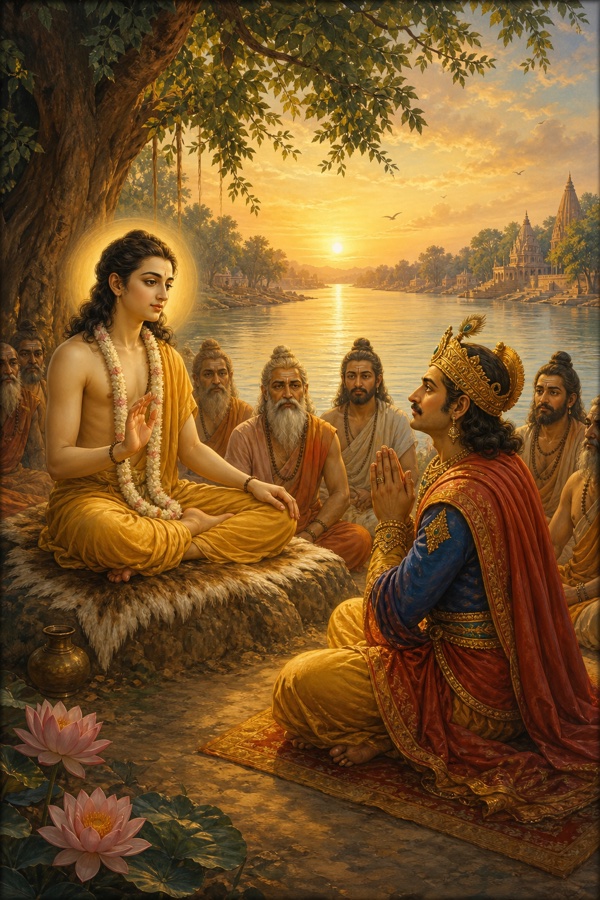 On the calm dawn bank of the Ganga, aged sage Shukadeva (serene, fair, ascetic) sits facing King Parikshit (royal, attentive, hands folded) under a tree; the slow-flowing river behind, gathered rishis nearby; warm morning light, rich painterly classical Indian style.